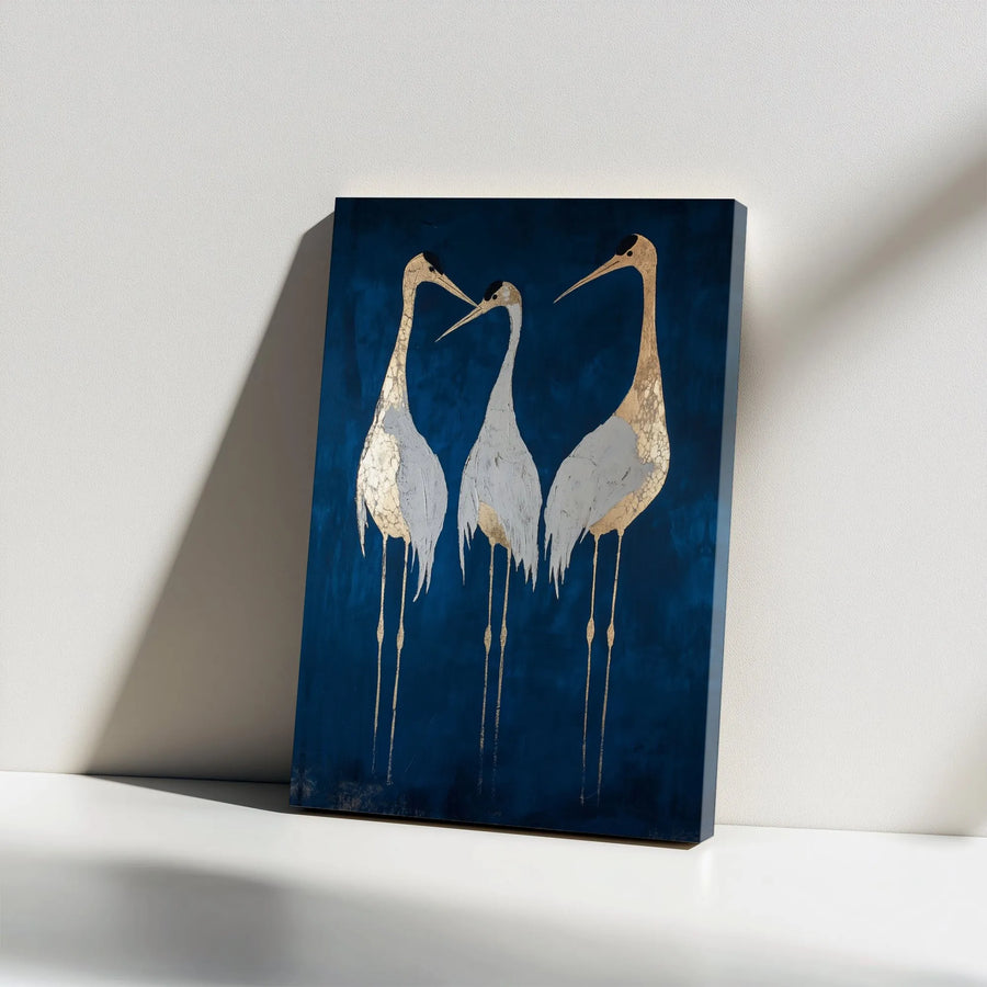 Abstract Crane Canvas Wall Art | Navy Blue And Gold Leaf Bird Print | Premium 1.25 Inch Gallery Wrap | Modern Home Decor For Living Room