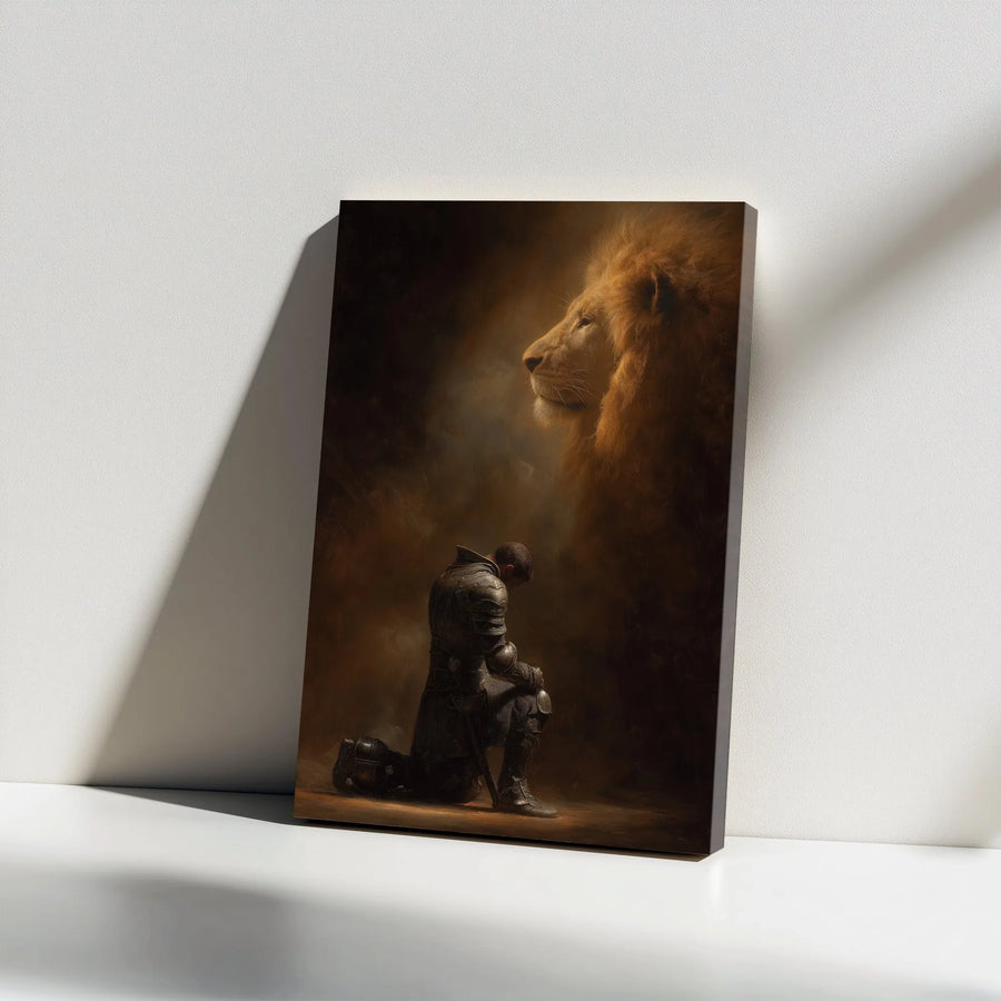 Lion of Judah and Knight Vertical Canvas | Inspirational Christian Faith Art | High-Quality Frameless Print | Religious Home Decor Gift for Men