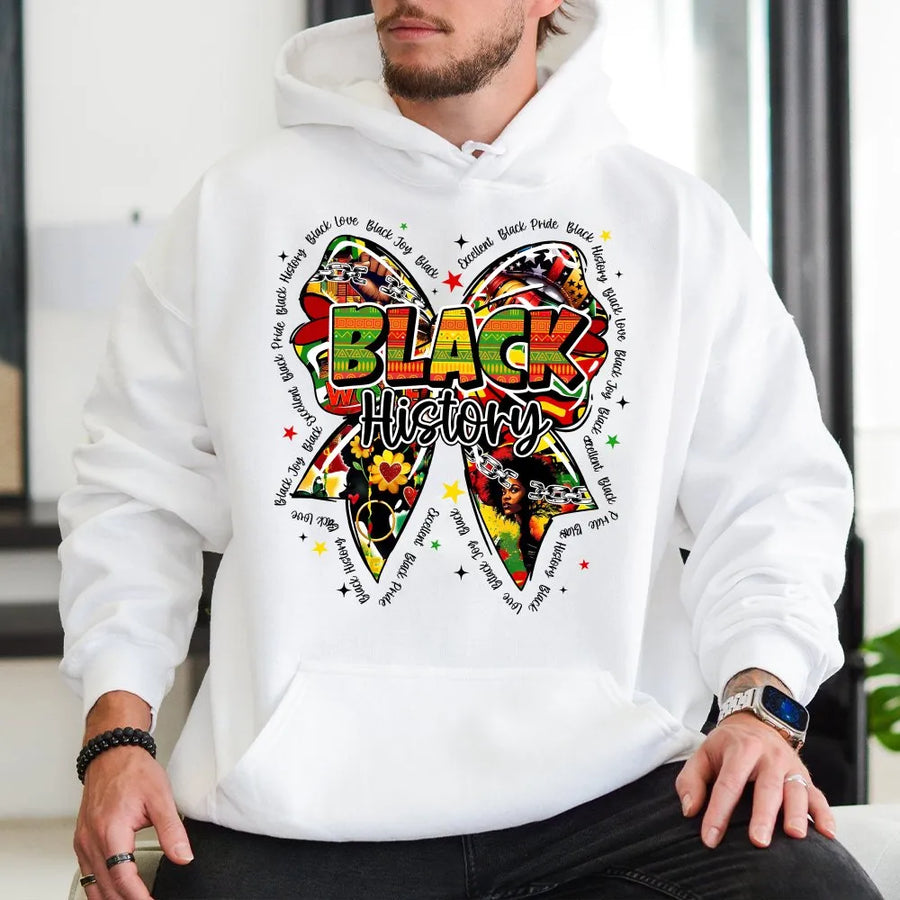 Black History Month Hoodie | Pan-African Bow Graphic Design | Premium Cotton Blend Pullover | Empowerment Gift for Women and Men