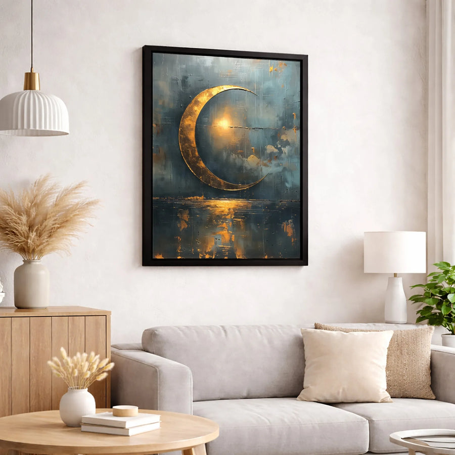 Abstract Golden Moon Canvas Wall Art | Celestial Sunset Reflection Print | Premium 1.25 Inch Gallery Wrap | Modern Home Decor Gift