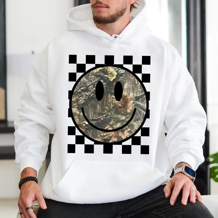 Camo Smiley Face Hoodie | Checkerboard Graphic Print | Premium Soft Cotton Blend | Western Style Aesthetic Gift for Women and Men