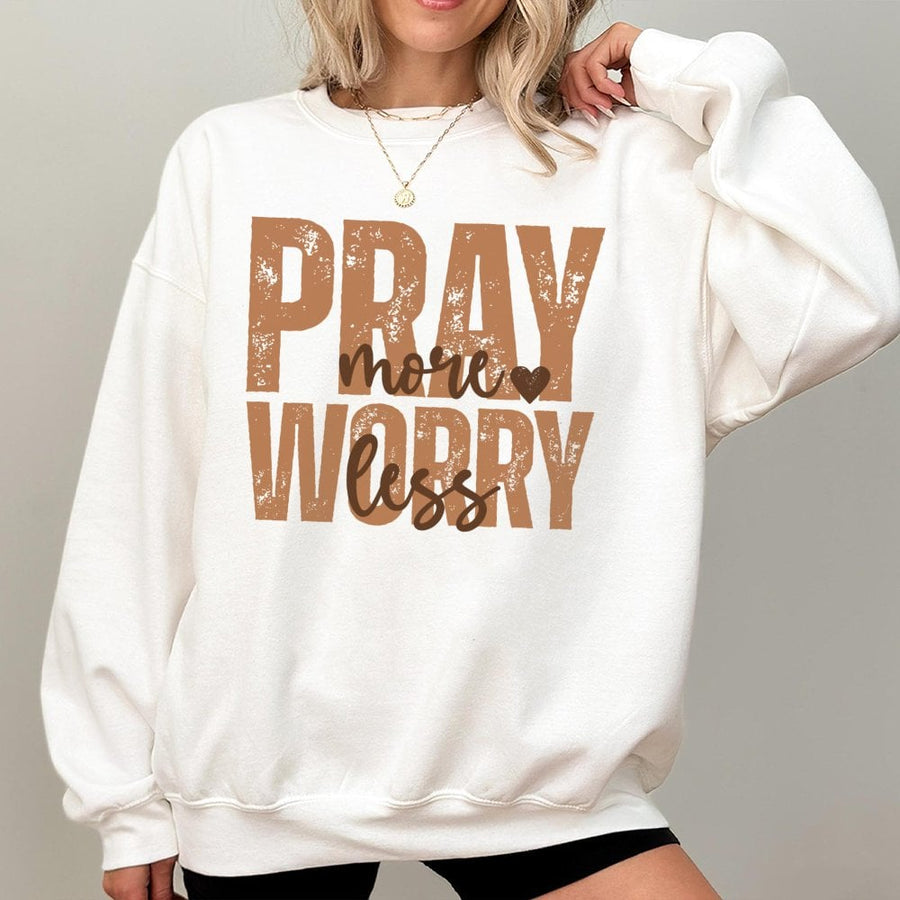 Pray More Worry Less Sweatshirt | Faith Based Christian Aesthetic Design | Premium Cotton Polyester Blend | Inspirational Gift for Women and Men