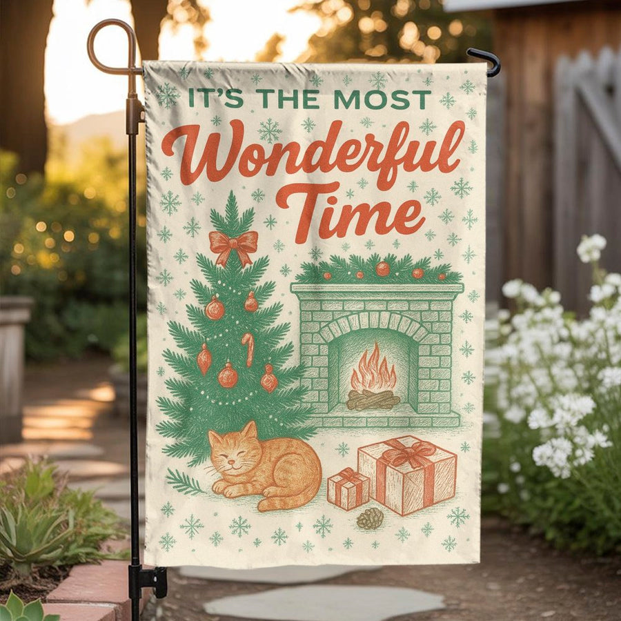 Christmas Garden Flag | Cat By Fireplace Holiday Decor | Premium Double-Sided Polyester | Festive Outdoor Yard Decoration Gift