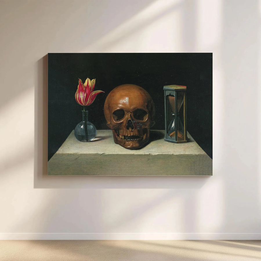 Vanitas Skull Still Life Canvas Art | Memento Mori Painting with Hourglass | Premium Matte Canvas Print | Collector's Dark Academia Gothic Decor