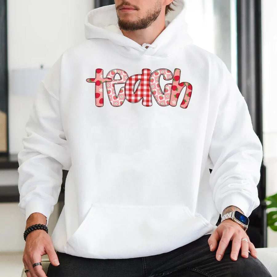 Teacher Hoodie | Strawberry Gingham Graphic Tee | Soft Cotton Top | Back to School Gift for Educators