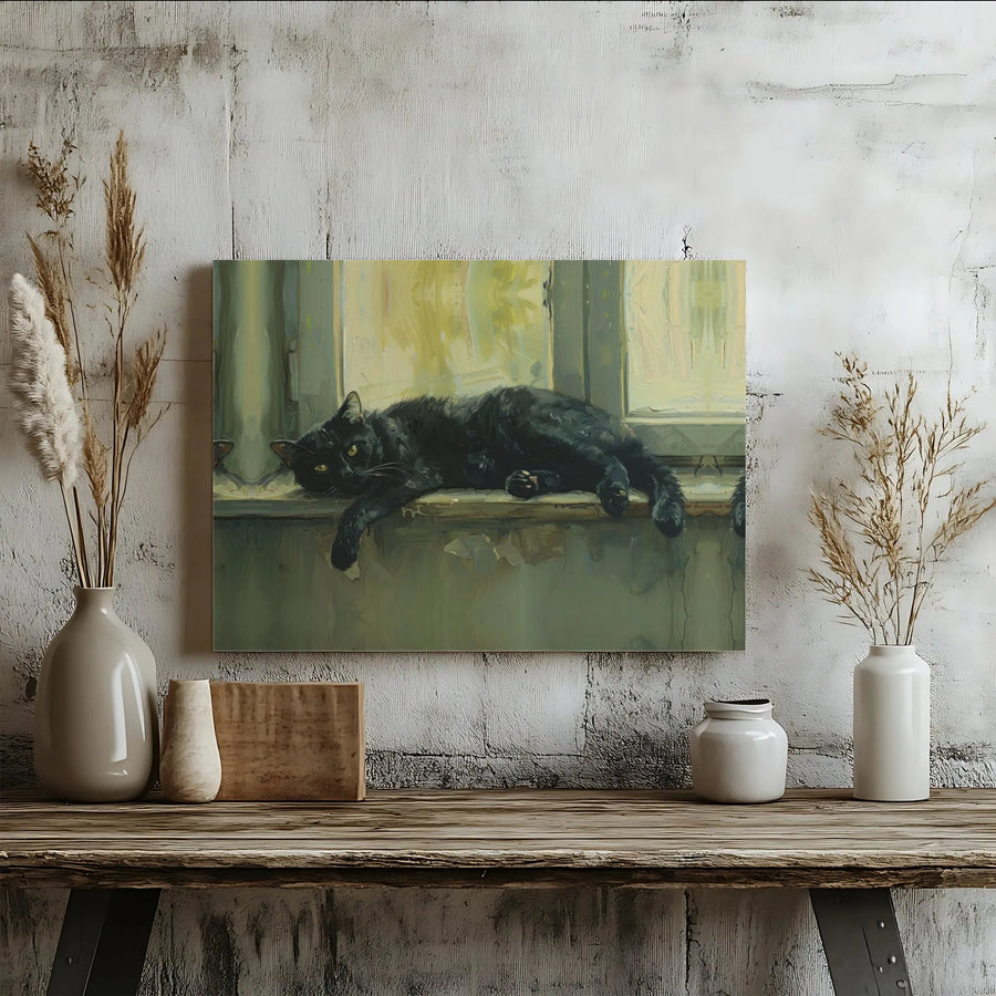 Black Cat Wall Art | Moody Impressionist Windowsill Oil Painting | Premium Gallery-Wrapped Canvas | Aesthetic Home Decor Gift For Cat Lovers