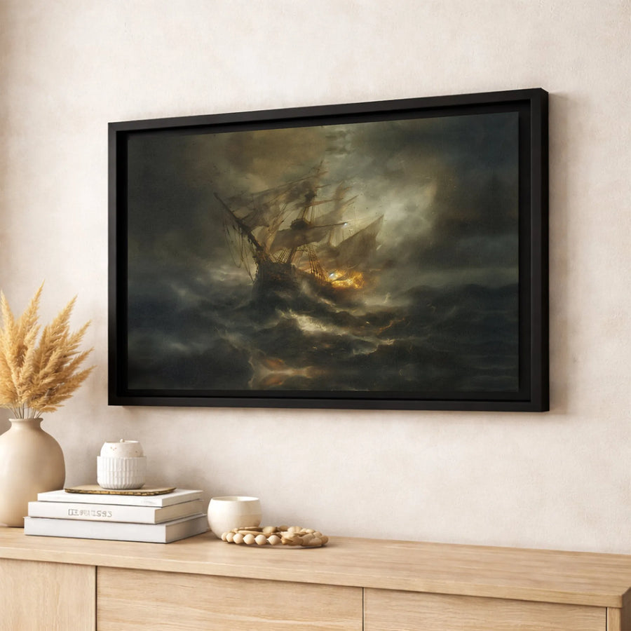 Sailing Ship Stormy Sea Canvas Wall Art | Moody Nautical Ocean Painting | Gallery Quality 1.25-inch Profile | Home & Office Decor Gift