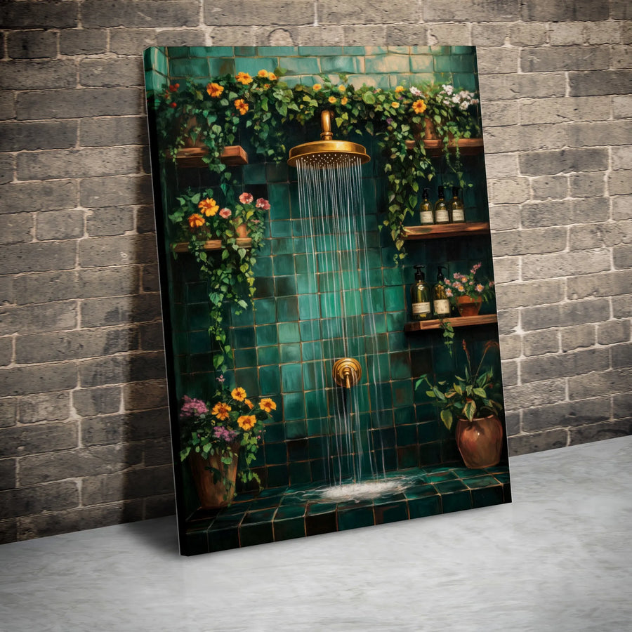 Botanical Shower Canvas Print | Green Tile Bathroom Wall Art | Premium Gallery Wrapped Decor | Nature-Inspired Home Gift
