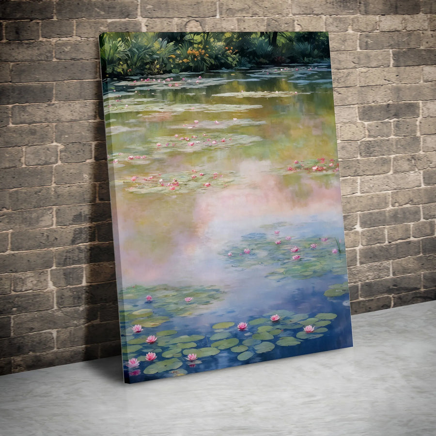 Water Lily Vertical Canvas | Impressionist Style Pond Painting | Premium Gallery Canvas Print | Gift for Art Lovers & Living Room Wall Decor