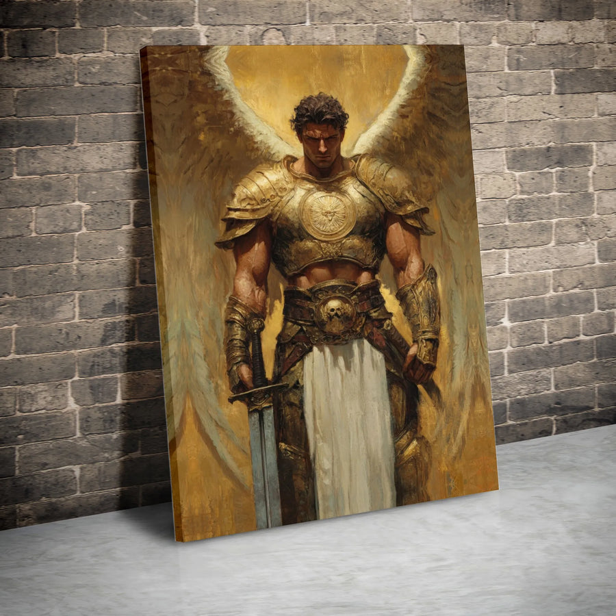 Archangel Michael Canvas Wall Art | Golden Armor Warrior Painting | Premium 1.25" Gallery Wrap | Religious Home Office Decor Gift