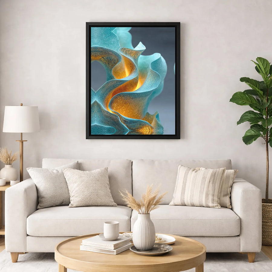 Abstract Teal and Gold Wall Art | Modern Wavy Sculpture Canvas Print | Premium Gallery Wrap Decor | Statement Piece for Living Room Home Office