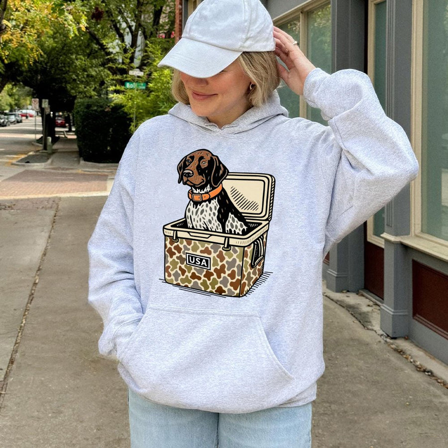 German Shorthaired Pointer Hoodie | GSP Hunting Dog in Camo Cooler | Premium Cotton Blend | Gift for Bird Dog Owners & Outdoorsmen