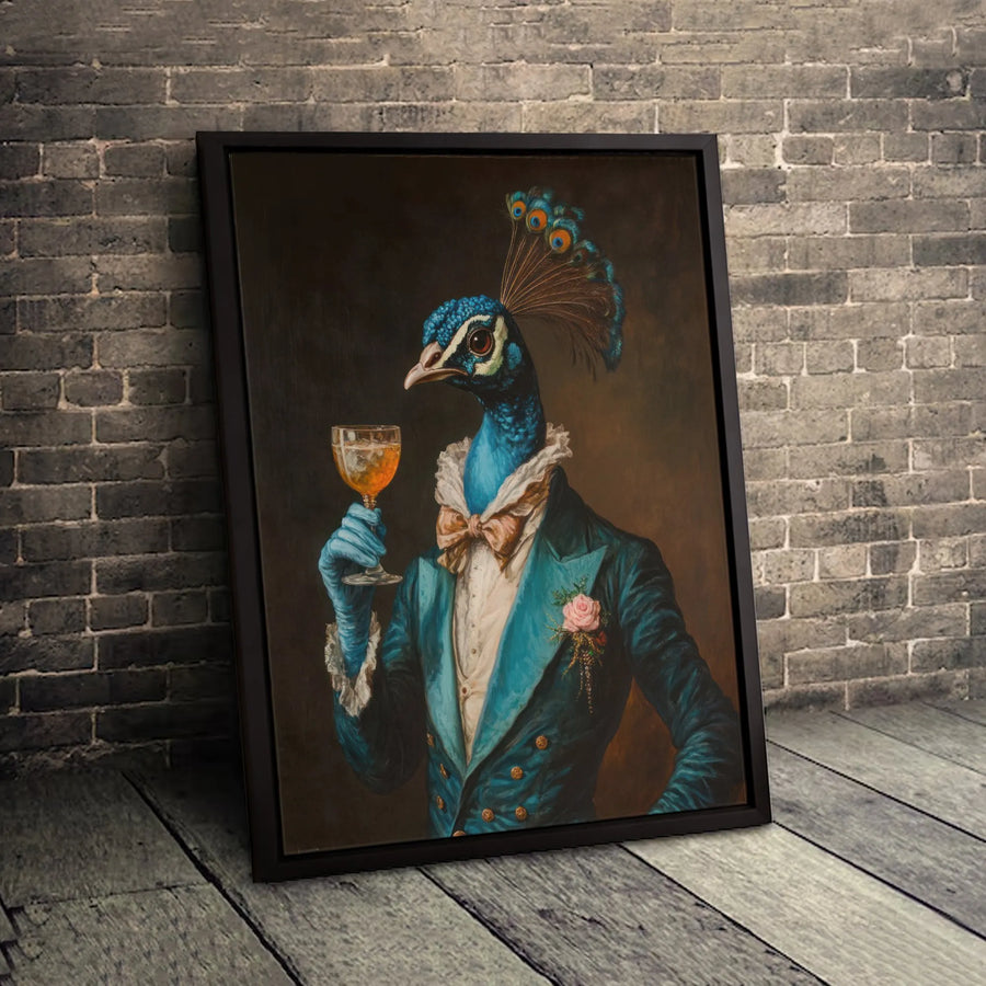 Dapper Peacock Wall Art | Sophisticated Victorian Bird Portrait | Gallery Quality 1.25 Inch Thick Canvas | Unique Home Office Decor Gift