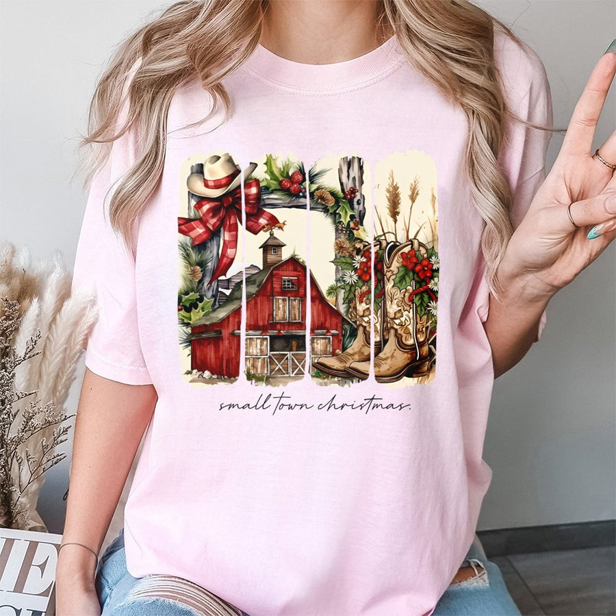 Small Town Christmas T-Shirt | Rustic Western Barn Cowgirl Graphic | 100% Cotton Premium Tee | Festive Holiday Gift for Women