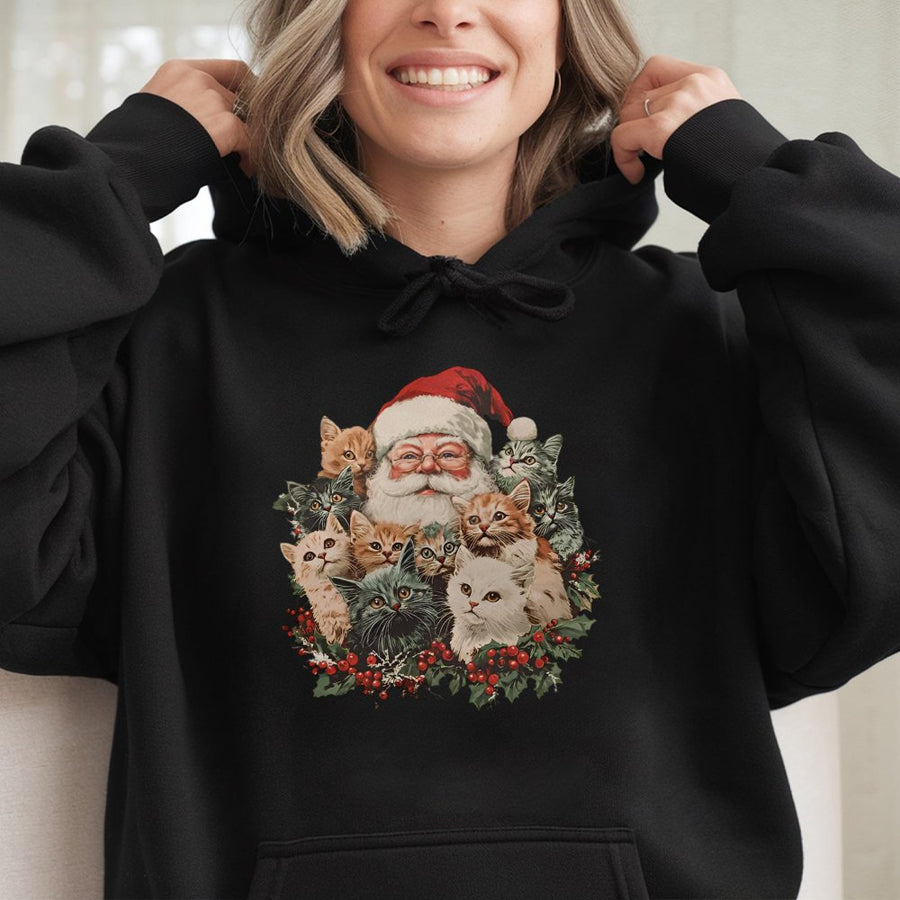 Santa Claus and Kittens Christmas Hoodie | Retro Cat Lover Graphic Sweatshirt | Premium Cotton-Poly Blend | Cozy Holiday Gift for Cat Moms