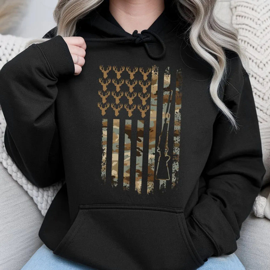 Hunting American Flag Hoodie | Camo Deer Antler and Rifle Graphic | Premium Cotton Blend | Gift for Outdoorsmen Hunters