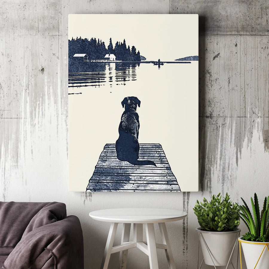 Dog on Dock Lake Canvas Art | Serene Forest Waterfront Landscape | 1.25 Inch Gallery Wrap | Peaceful Nature Wall Decor for Dog Lovers