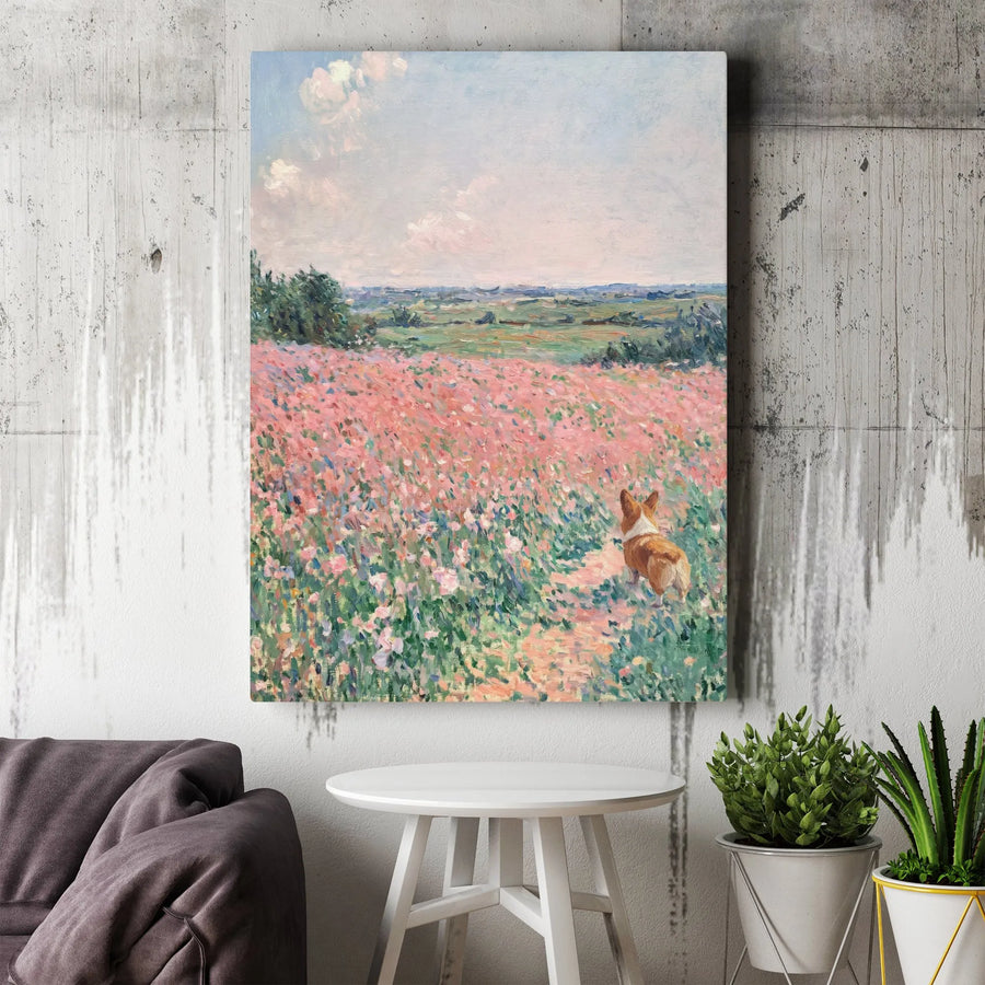 Corgi Canvas Wall Art | Impressionist Wildflower Meadow Painting | Premium Gallery Wrap Decor | Dog Lover Gift For Home Office