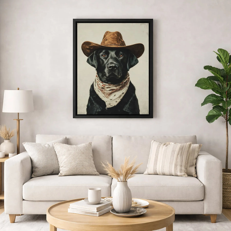 Black Labrador Canvas Art | Cowboy Dog Western Portrait | Premium Gallery Wrap Wall Decor | Unique Gift for Dog Lovers