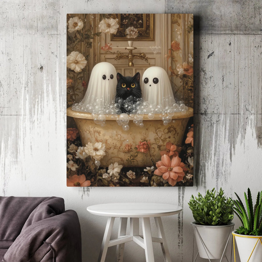 Ghost and Black Cat Wall Art | Whimsical Bathtub Floral Print | Premium 1.25-Inch Thick Gallery Canvas | Spooky Cute Home Decor Gift