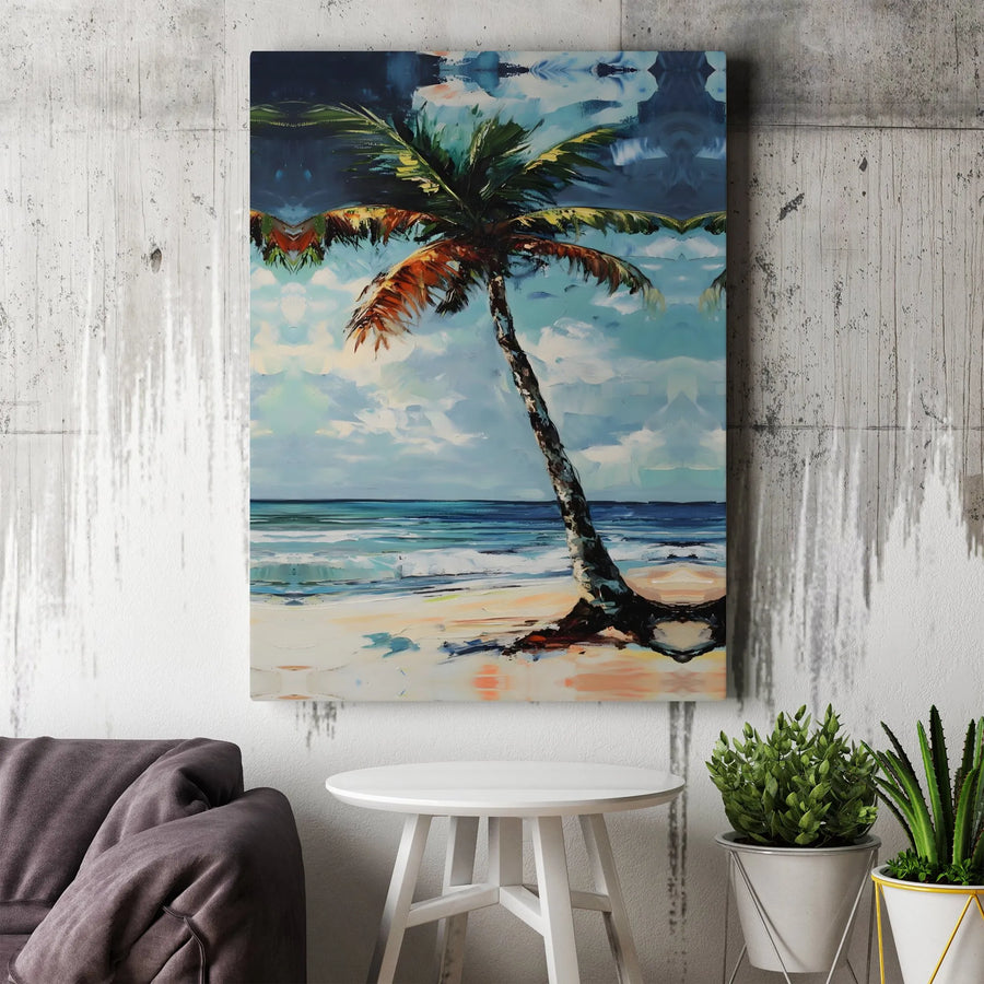 Tropical Beach Palm Tree Canvas Wall Art | Impressionist Ocean Coastal Painting | Premium Gallery Wrap Print | Modern Home Decor Gift