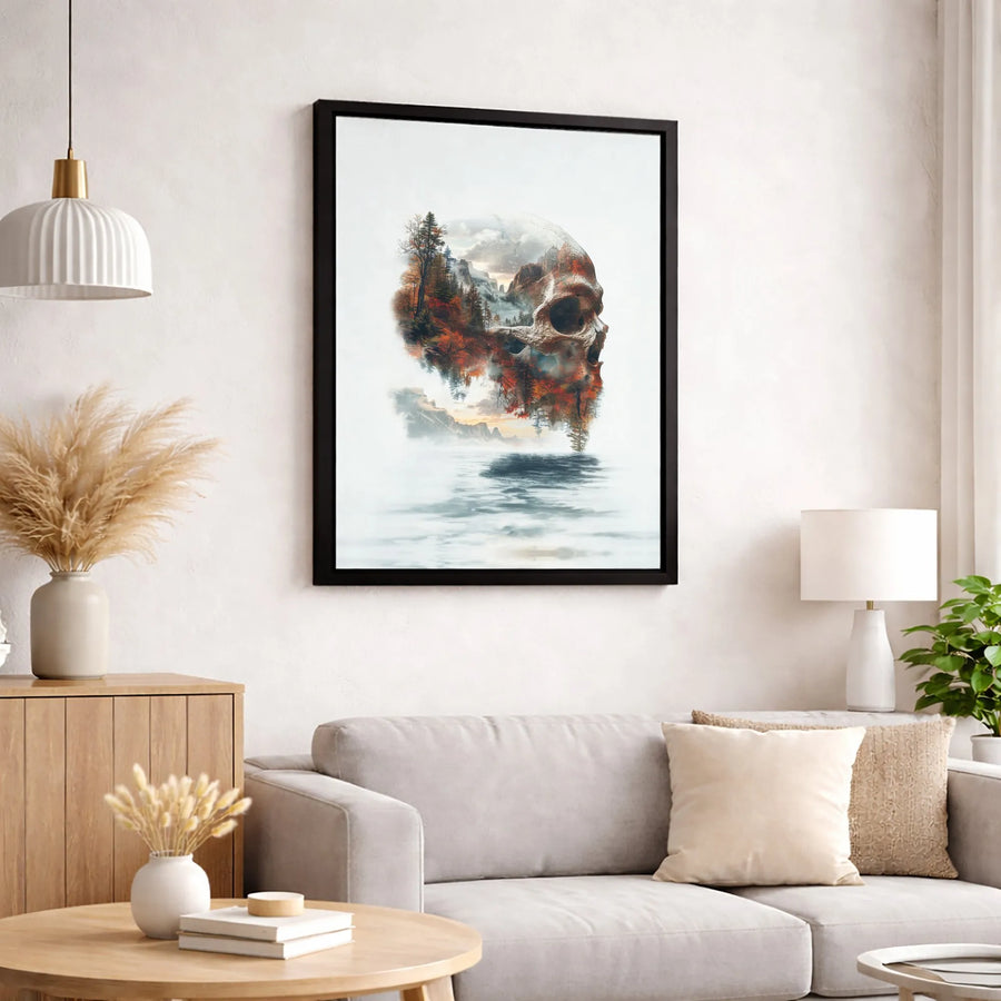 Double Exposure Skull Canvas Art | Mountain Forest Landscape Print | Premium Gallery-Wrapped Wall Decor | Gothic Nature Gift for Him