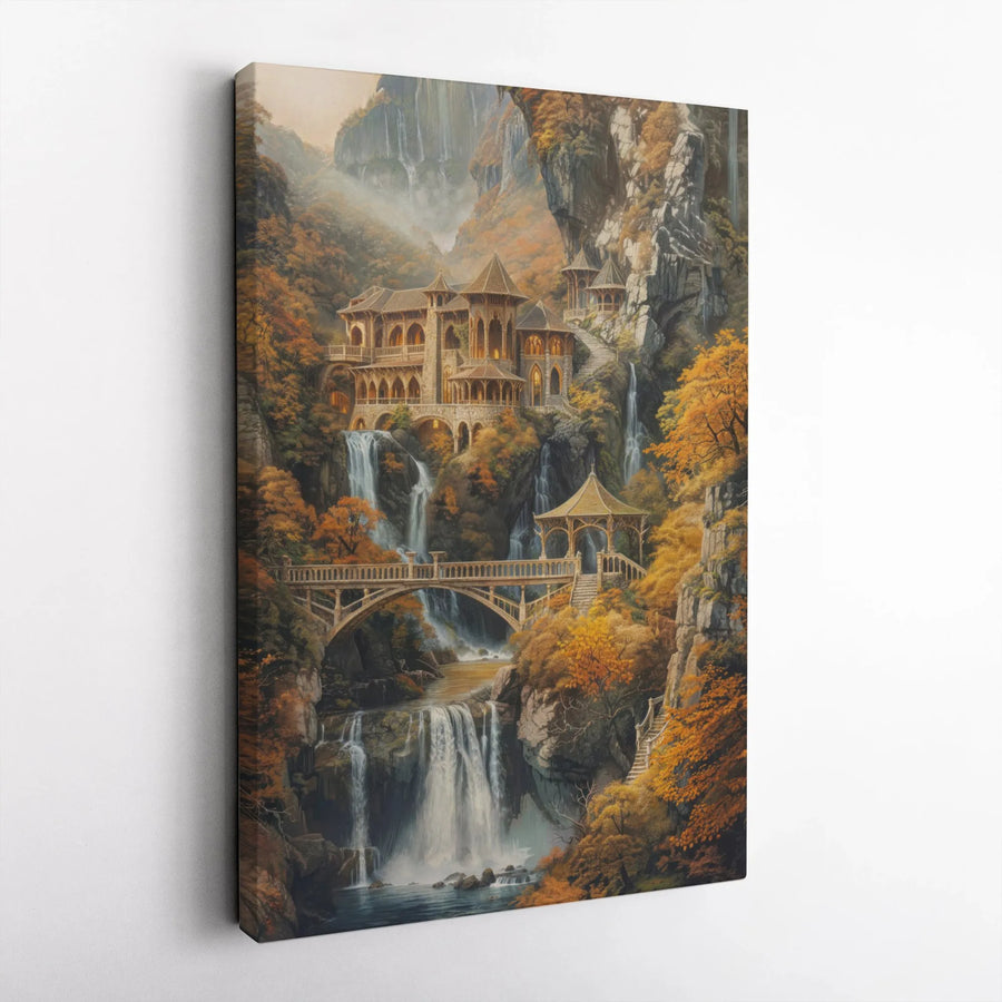 Fantasy Elven Castle Canvas Wall Art | Autumn Waterfall Landscape Print | Gallery-Quality 1.25 Inch Profile | Whimsical Nature Home Decor Gift