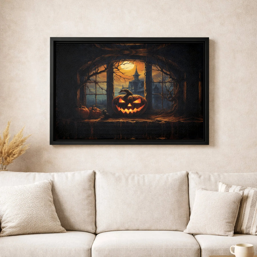 Haunted House Halloween Canvas Art | Glowing Jack-O'-Lantern Windowsill Print | Premium Gallery-Wrapped Wall Decor | Spooky Gothic Home Gift