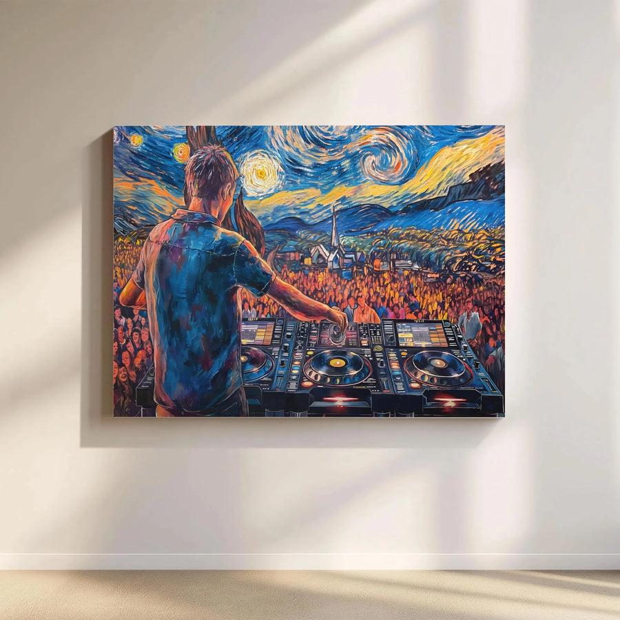 DJ Music Festival Canvas Print | Starry Night Impressionist Style Art | Premium Gallery Wrap Decor | Gift for Music Producers and EDM Fans