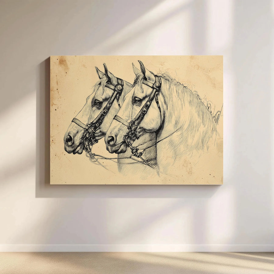 Equestrian Wall Art Canvas | Vintage Two Horses Sketch Drawing | Premium Gallery Wrapped Decor | Horse Lover Farmhouse Gift