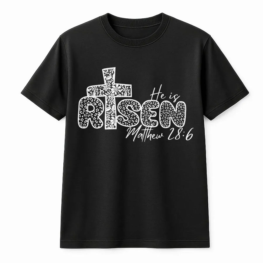 He Is Risen Easter T-Shirt | Floral Cross Scripture Design | Premium 100% Cotton | Christian Faith Gift for Women and Men