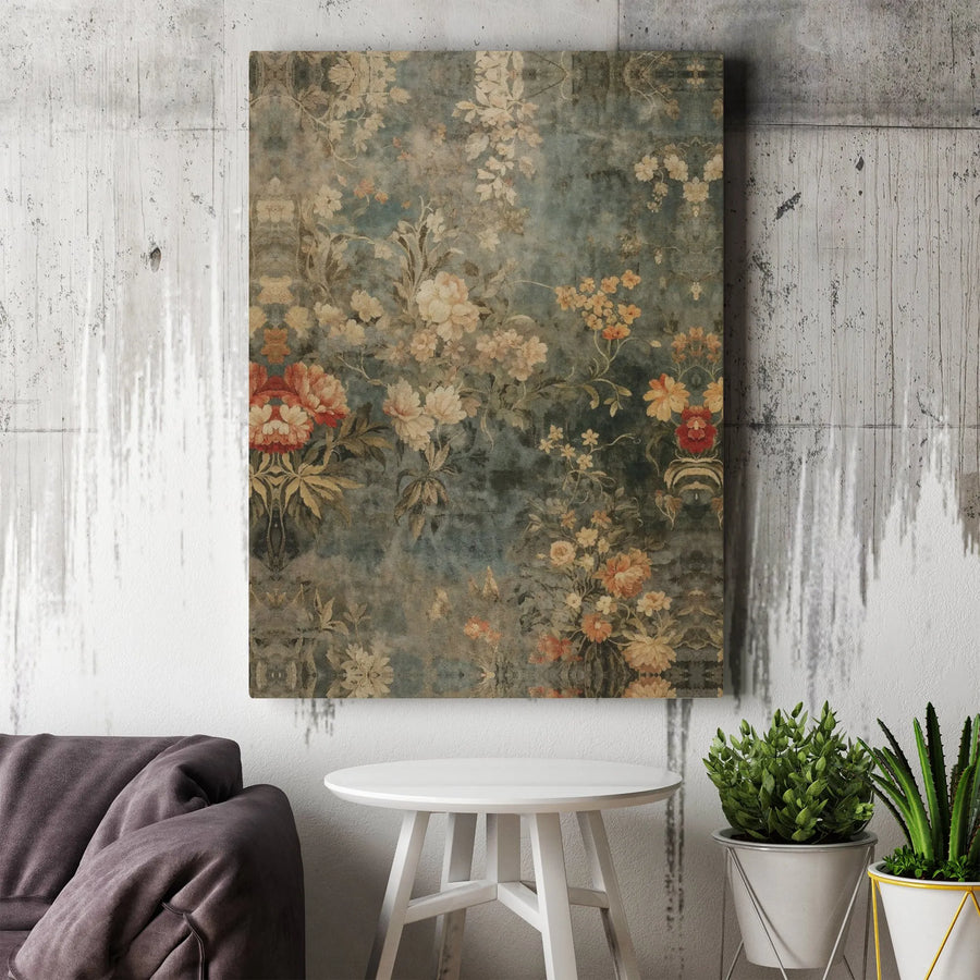 Vintage Floral Canvas Wall Art | Distressed Muted Blue Botanical Print | Gallery Wrapped Premium Canvas | Moody Home Decor Gift for Her