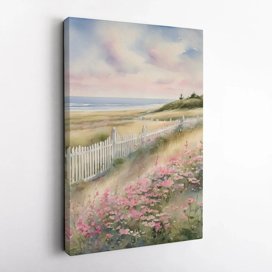 Coastal Watercolor Landscape Canvas Art | Pink Wildflowers and Picket Fence | Gallery-Quality 1.25" Profile | Serene Beach Home Decor