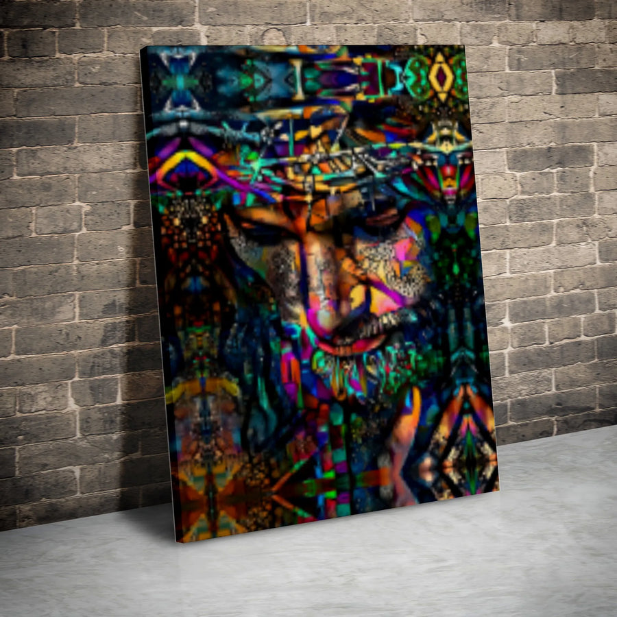 Jesus Canvas Wall Art | Psychedelic Crown Of Thorns Portrait | Premium Gallery Wrap Print | Modern Christian Home Decor Gift
