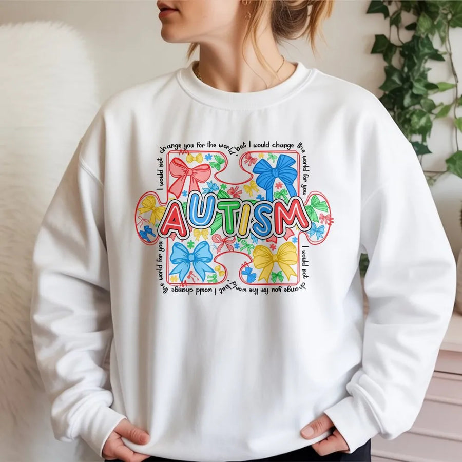 Sweat-shirt de sensibilisation à l'autisme | Motif pièce de puzzle avec nœud coquette | Mélange de coton premium | Cadeau inspirant sur la neurodiversité pour maman
