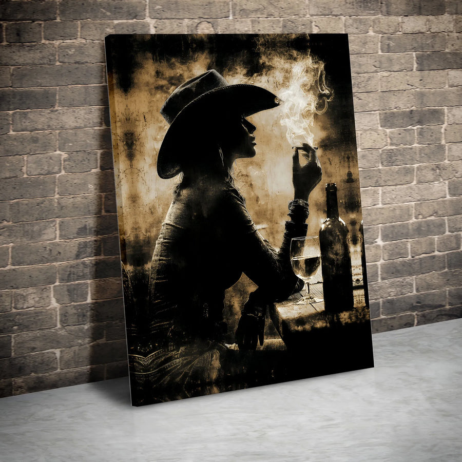 Western Cowgirl Canvas Print | Rustic Smoking Woman Silhouette | Premium Framed Wall Art | Western Aesthetic Home Decor Gift