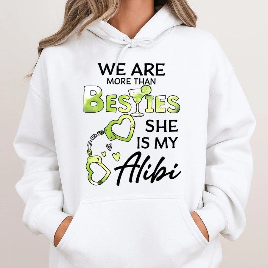 Best Friend Hoodie | She Is My Alibi Matching Graphic Design | Premium Cotton Blend | Funny Birthday Gift for Women and Bestie Duo