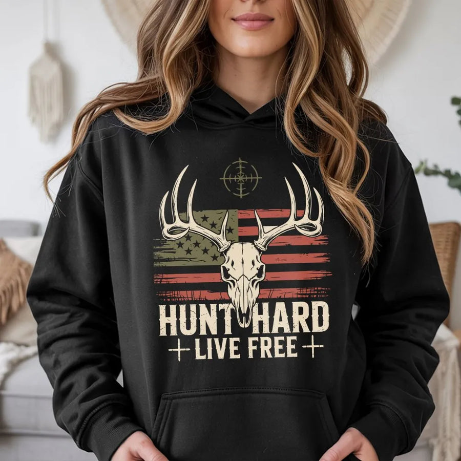 Hunt Hard Live Free Hoodie | Vintage Deer Skull American Flag Graphic | Premium Cotton Blend | Gift For Hunter Outdoorsman
