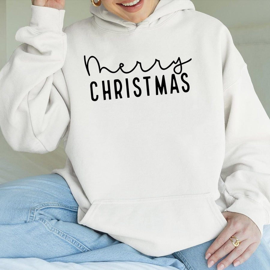 Merry Christmas Hoodie | Minimalist Script Holiday Typography | Soft Cotton-Blend Unisex Pullover | Festive Winter Gift For Her And Him