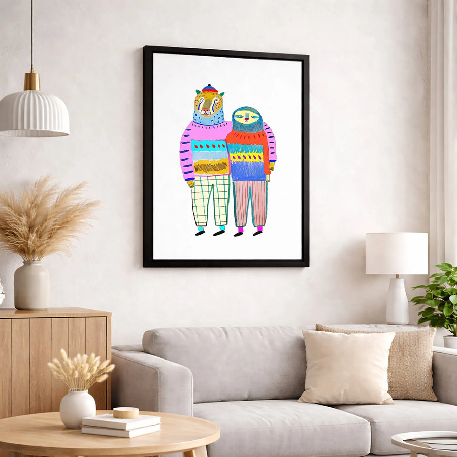 Cheetah and Sloth Couple Canvas Wall Art | Whimsical Folk Art Animal Portrait | Premium 1.25-inch Thick Gallery Wrap | Modern Home Decor Gift