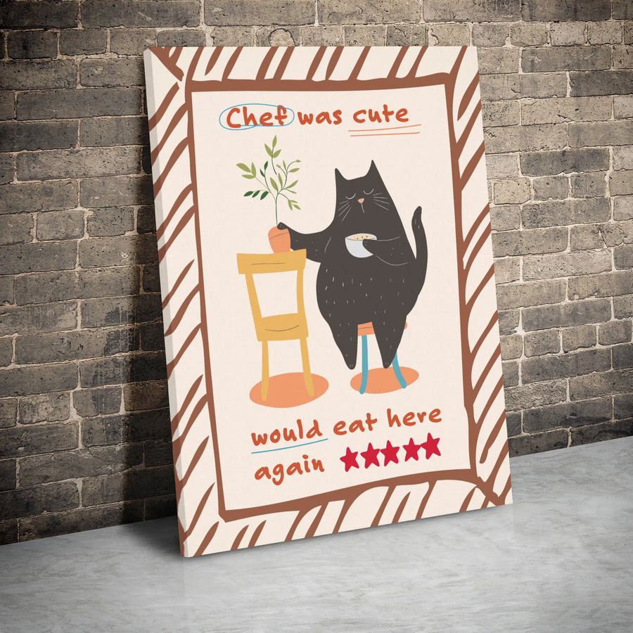 Cute Black Cat Canvas Wall Art | Chef Was Cute Would Eat Here Again Print | Modern Whimsical Kitchen Decor | Funny Cat Lover Gift Idea