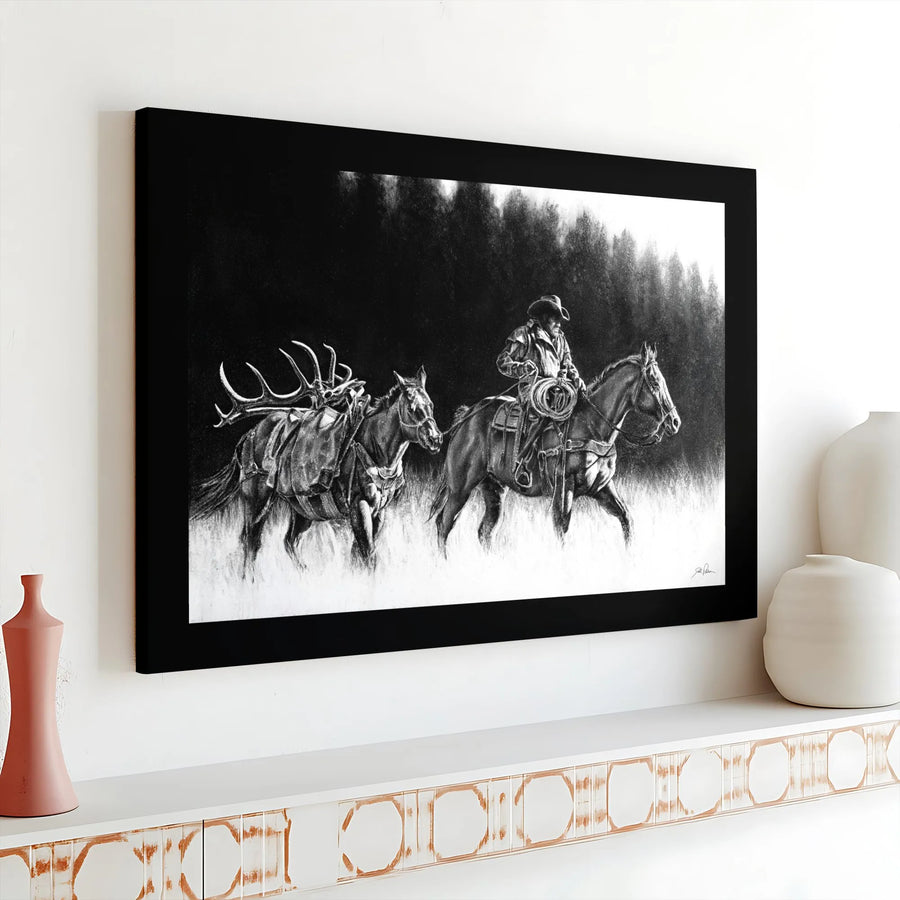 Western Cowboy Canvas Art | Charcoal Style Hunting Wall Decor | Premium 1.25-inch Gallery Wrap | Gift for Hunter & Rancher