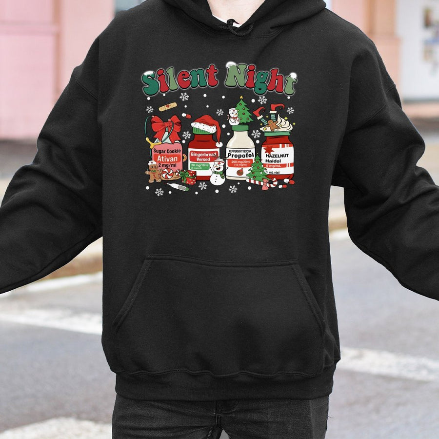 Silent Night Nurse Hoodie | Funny Medical Christmas Medicine Theme | Premium Cotton Blend | Gift for ICU Nurses, Doctors, and Healthcare Workers