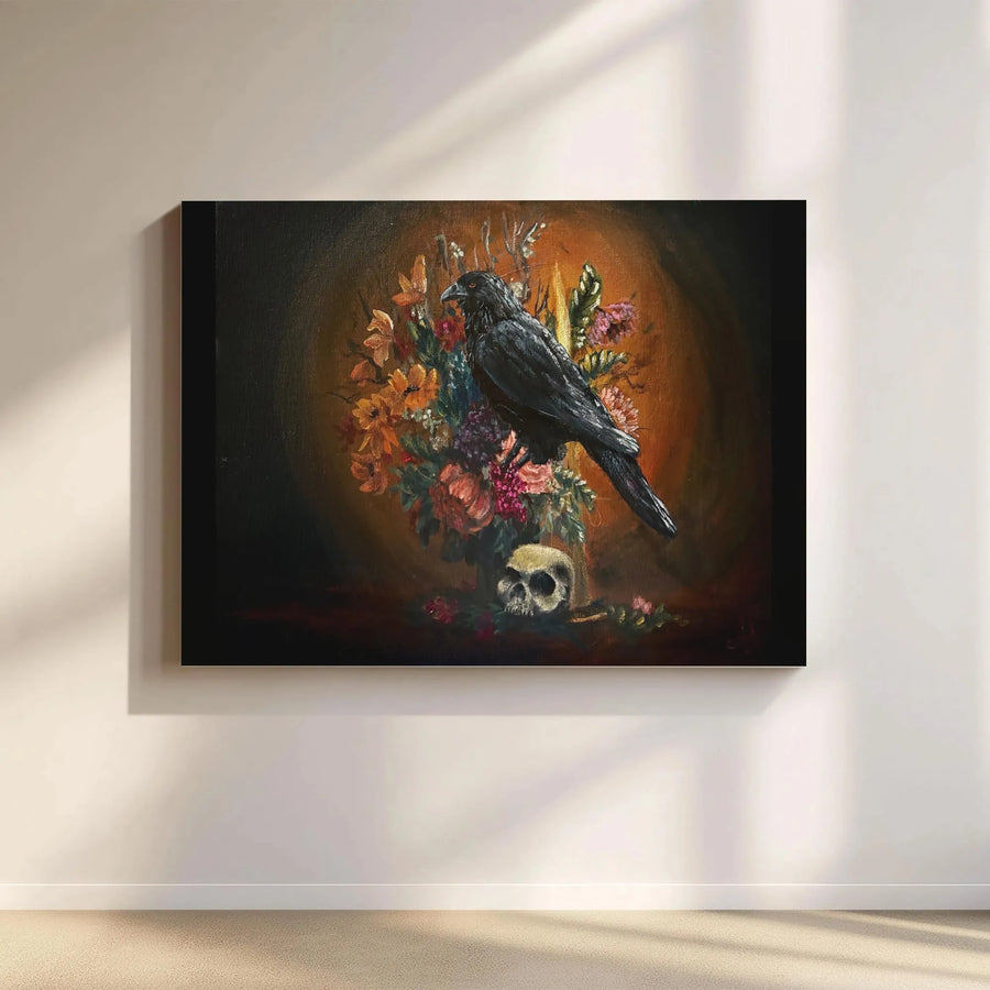 Gothic Crow Skull Canvas Wall Art | Dark Academia Floral Still Life | Premium Gallery Wrap Print | Spooky Home Decor for Office or Living Room
