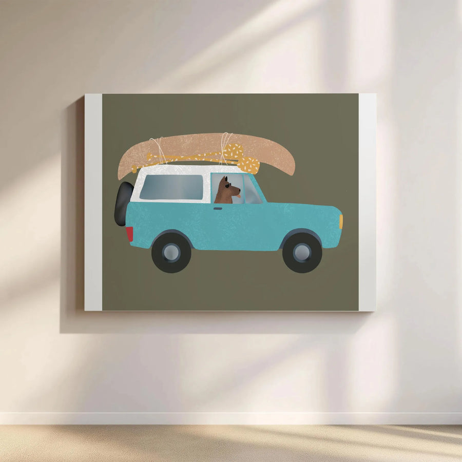 Road Trip Dog Canvas Art | Vintage Truck & Canoe Illustration | Premium Gallery Wrapped Canvas | Kids Room & Nursery Decor Gift
