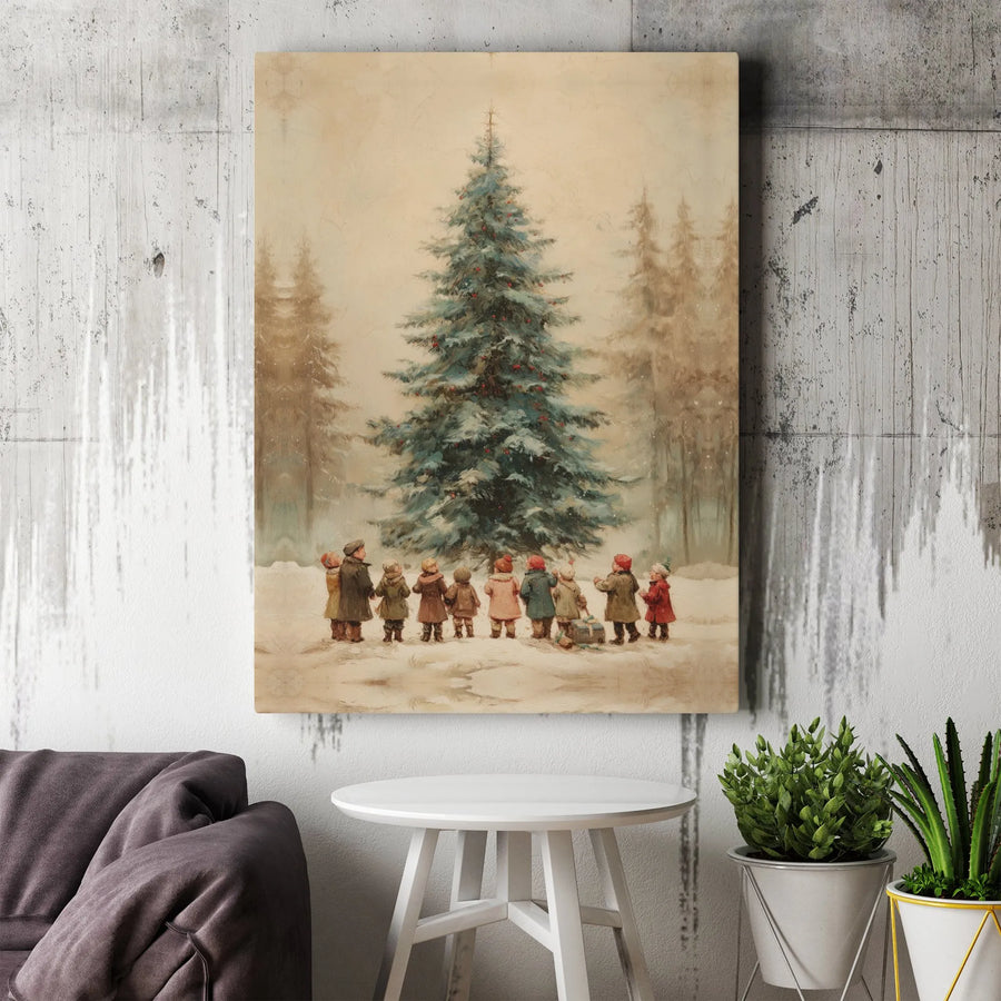 Vintage Christmas Tree Canvas Wall Art | Nostalgic Winter Forest Scene | Premium Gallery Wrap Print | Holiday Home Decor Gift For Families