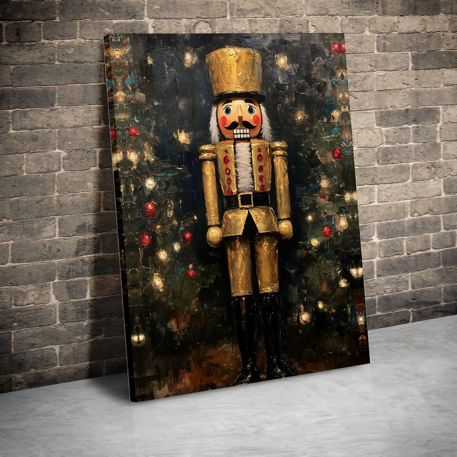 Gold Nutcracker Canvas Wall Art | Impasto Christmas Tree Print | 1.25" Gallery Wrap Premium Decor | Festive Holiday Home Decoration Gift