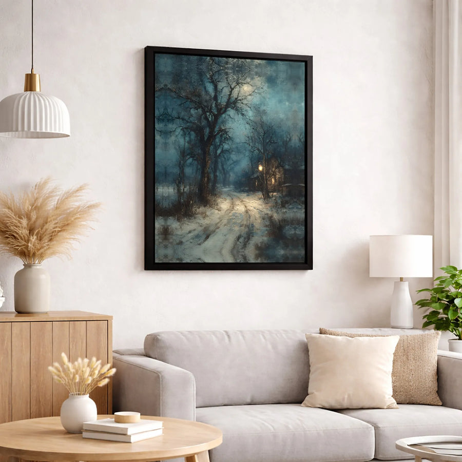 Moody Winter Forest Canvas Wall Art | Snowy Cabin Night Landscape | Premium Fade-Resistant Gallery Wrap | Cozy Home Decor Gift