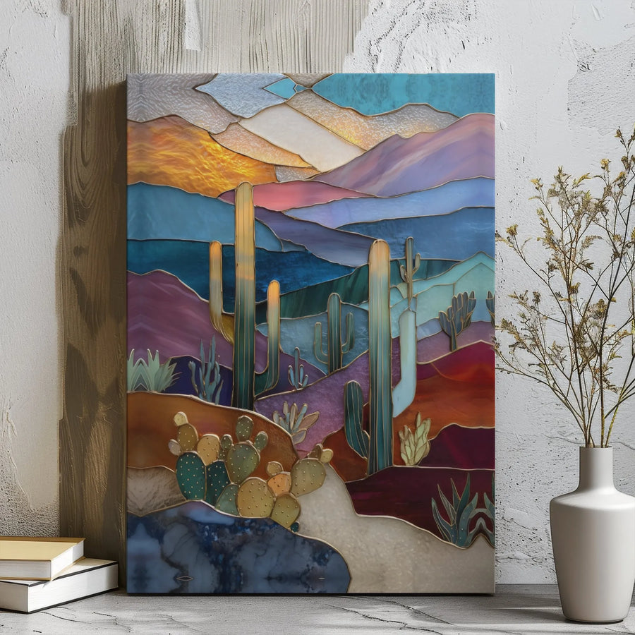 Desert Saguaro Cactus Canvas Wall Art | Stained Glass Style Sunset Landscape | Gallery Wrap Premium Print | Southwest Home Decor Gift