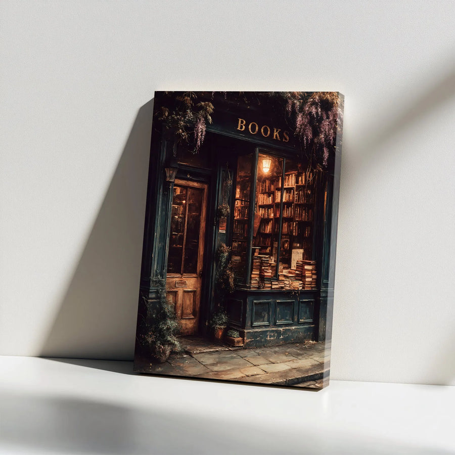 Tableau sur toile d’une librairie vintage | Scène d’étagère sombre et mélancolique Dark Academia | Toile épaisse haut de gamme de qualité galerie | Cadeau de collectionneur pour les amoureux des livres et les lecteurs
